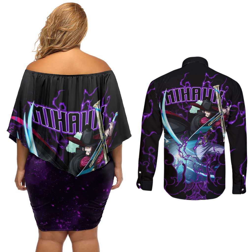 Dracule Mihawk - One Piece Couples Matching Off Shoulder Short Dress and Long Sleeve Button Shirt Haki Pattern Anime Style