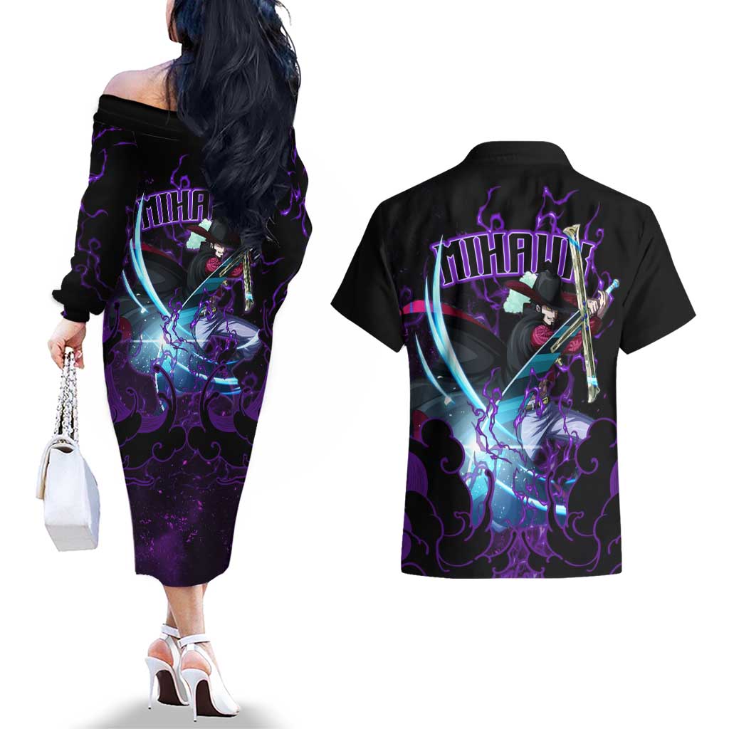 Dracule Mihawk - One Piece Couples Matching Off The Shoulder Long Sleeve Dress and Hawaiian Shirt Haki Pattern Anime Style