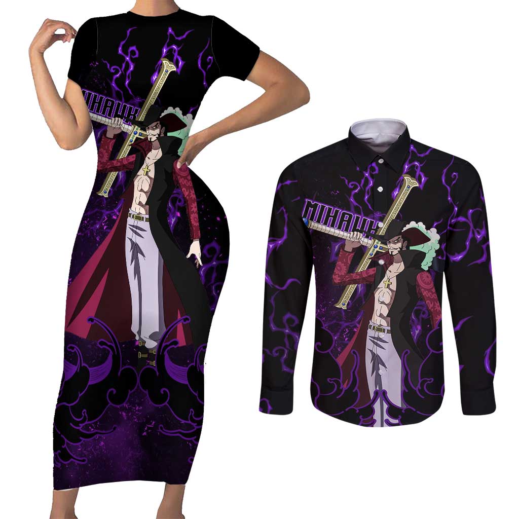 Dracule Mihawk - One Piece Couples Matching Short Sleeve Bodycon Dress and Long Sleeve Button Shirt Haki Pattern Anime Style