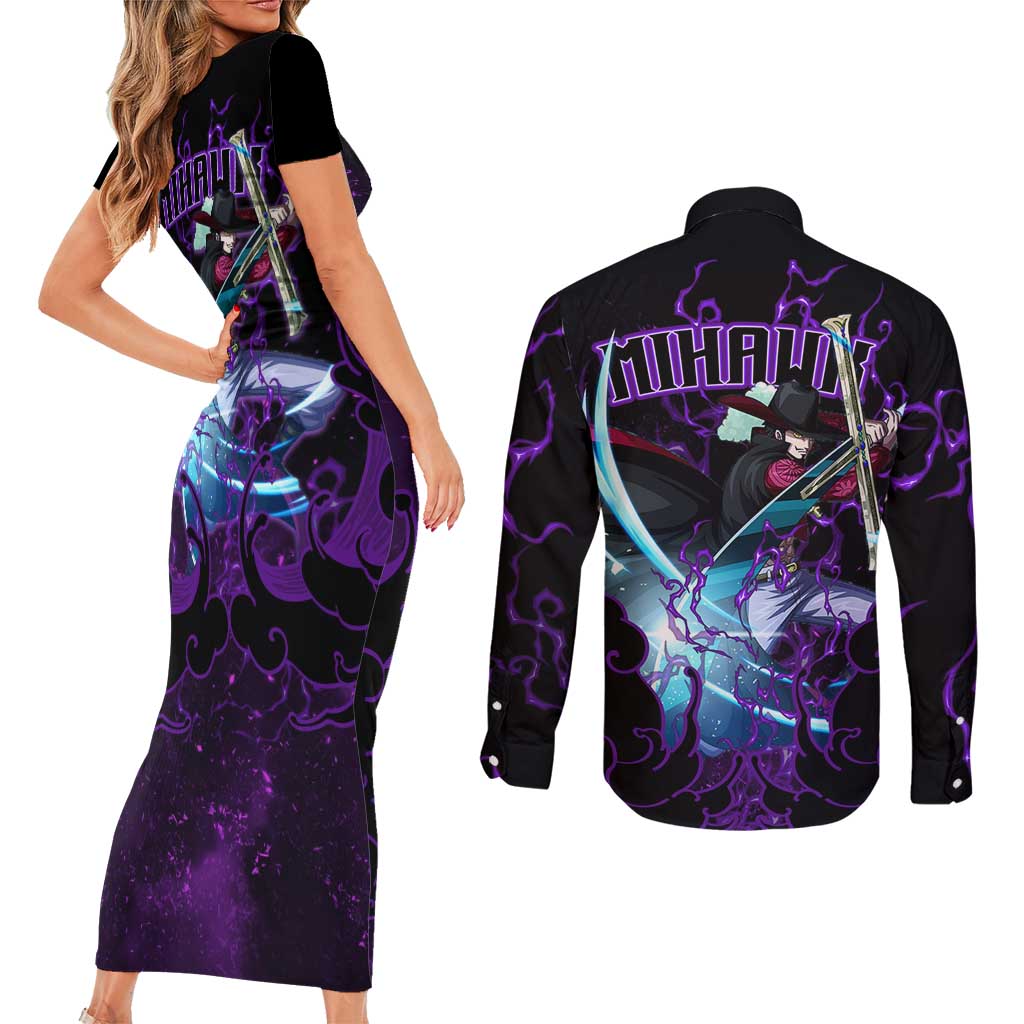 Dracule Mihawk - One Piece Couples Matching Short Sleeve Bodycon Dress and Long Sleeve Button Shirt Haki Pattern Anime Style