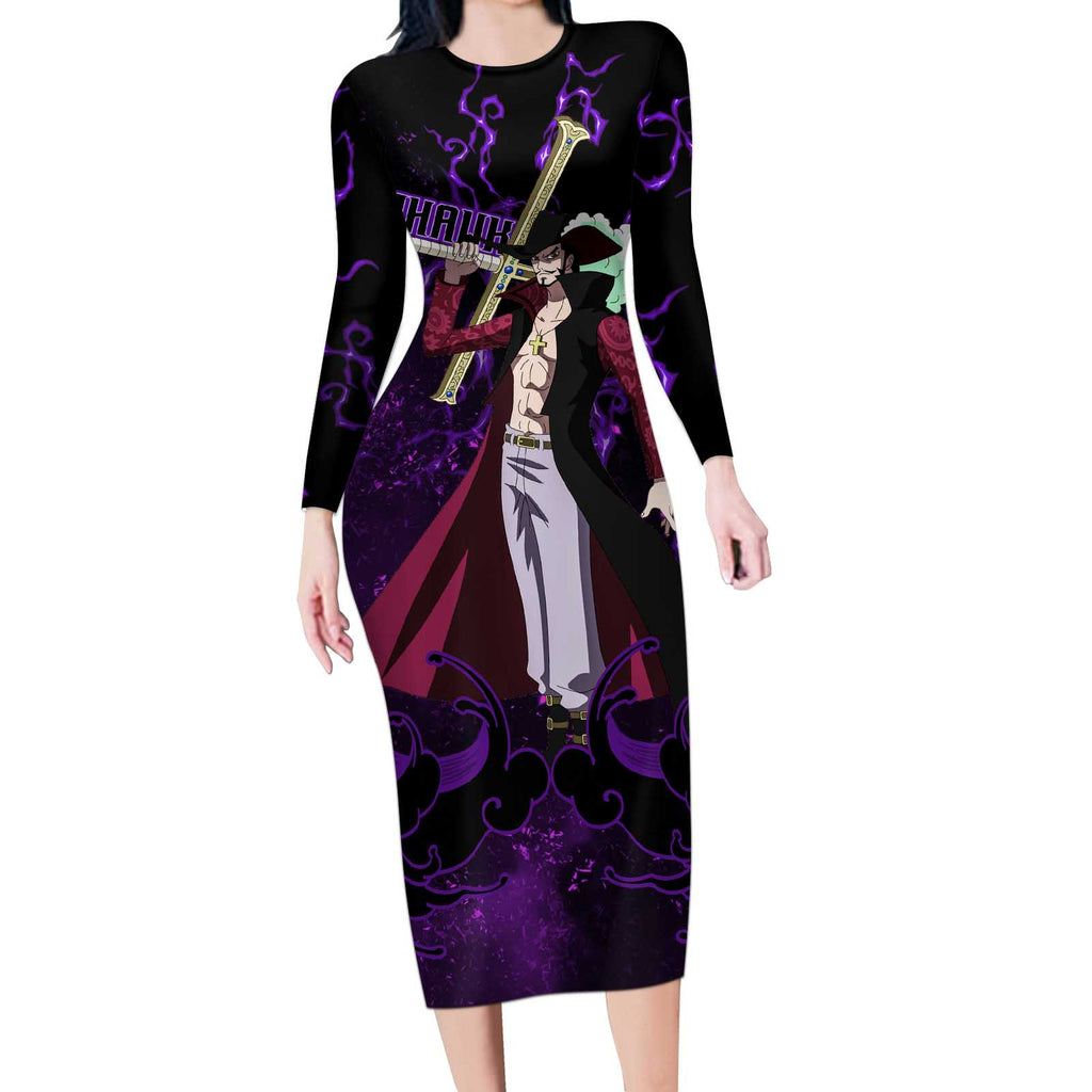 Dracule Mihawk - One Piece Long Sleeve Bodycon Dress Haki Pattern Anime Style