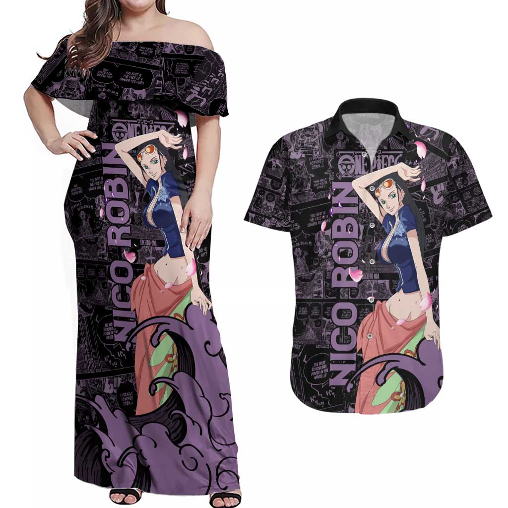 Nico Robin - One Piece Couples Matching Off Shoulder Maxi Dress and Hawaiian Shirt Pattern Manga Mix Anime Style