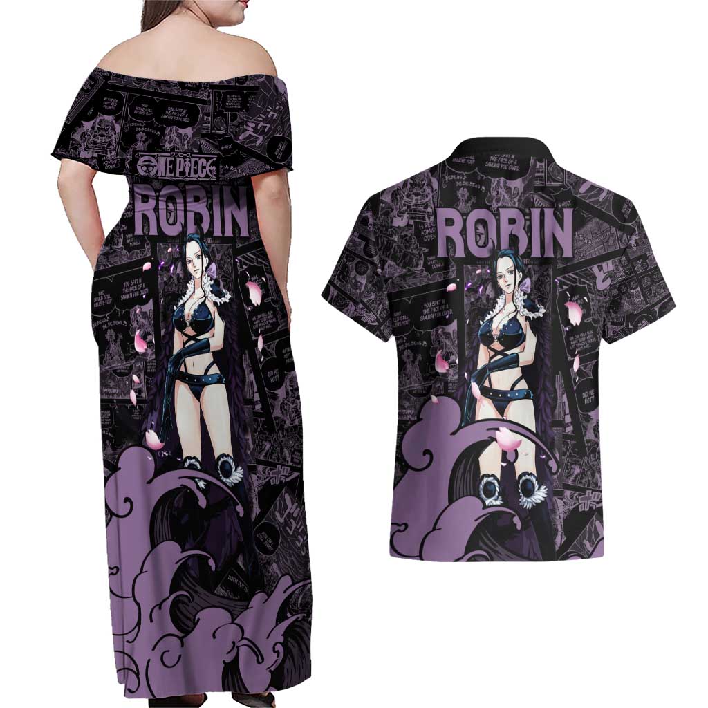 Nico Robin - One Piece Couples Matching Off Shoulder Maxi Dress and Hawaiian Shirt Pattern Manga Mix Anime Style