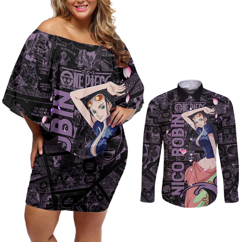 Nico Robin - One Piece Couples Matching Off Shoulder Short Dress and Long Sleeve Button Shirt Pattern Manga Mix Anime Style