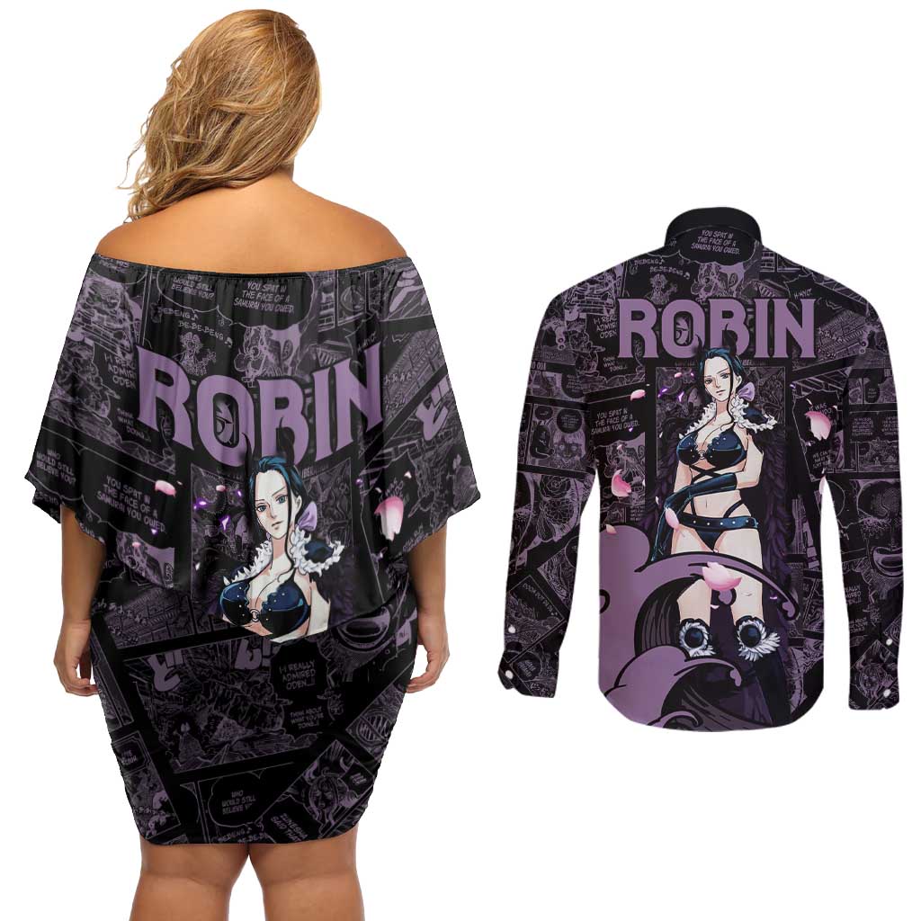 Nico Robin - One Piece Couples Matching Off Shoulder Short Dress and Long Sleeve Button Shirt Pattern Manga Mix Anime Style