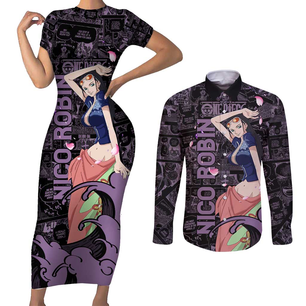 Nico Robin - One Piece Couples Matching Short Sleeve Bodycon Dress and Long Sleeve Button Shirt Pattern Manga Mix Anime Style