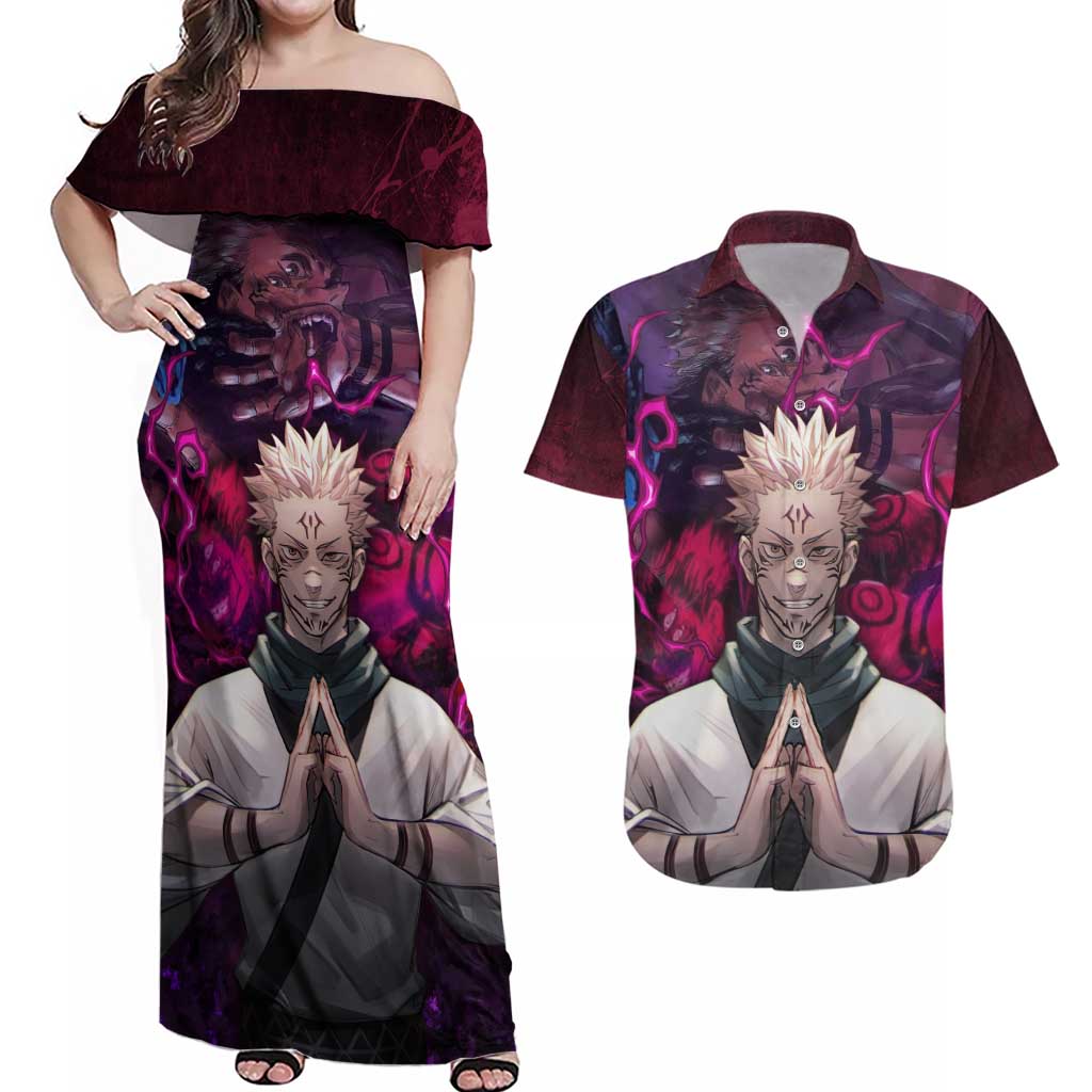 Ryomen Sukuna - Jujutsu Kaisen Couples Matching Off Shoulder Maxi Dress and Hawaiian Shirt Pattern Anime Mix Manga Style