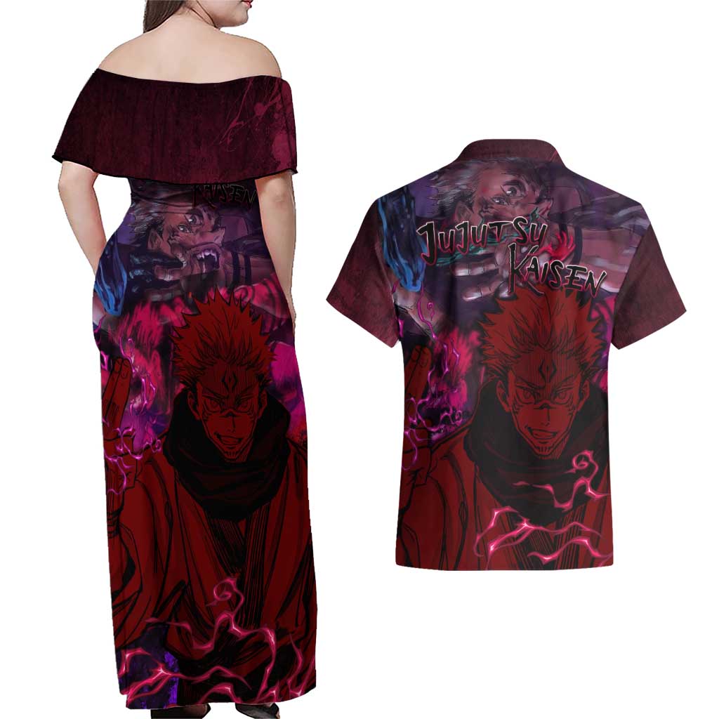 Ryomen Sukuna - Jujutsu Kaisen Couples Matching Off Shoulder Maxi Dress and Hawaiian Shirt Pattern Anime Mix Manga Style