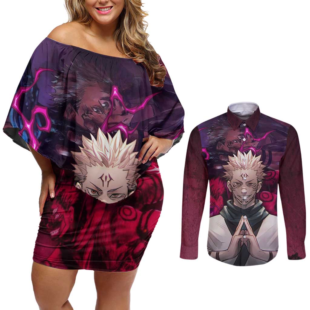 Ryomen Sukuna - Jujutsu Kaisen Couples Matching Off Shoulder Short Dress and Long Sleeve Button Shirt Pattern Anime Mix Manga Style