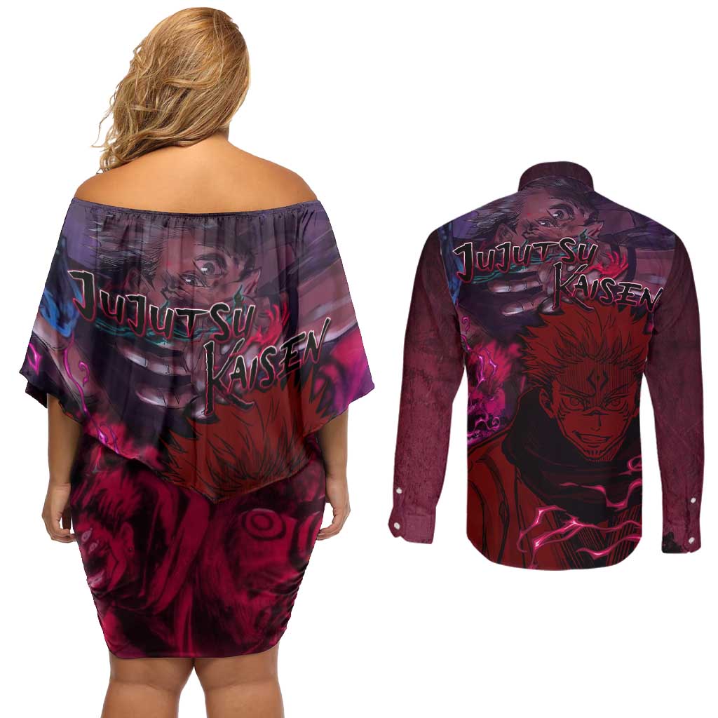 Ryomen Sukuna - Jujutsu Kaisen Couples Matching Off Shoulder Short Dress and Long Sleeve Button Shirt Pattern Anime Mix Manga Style