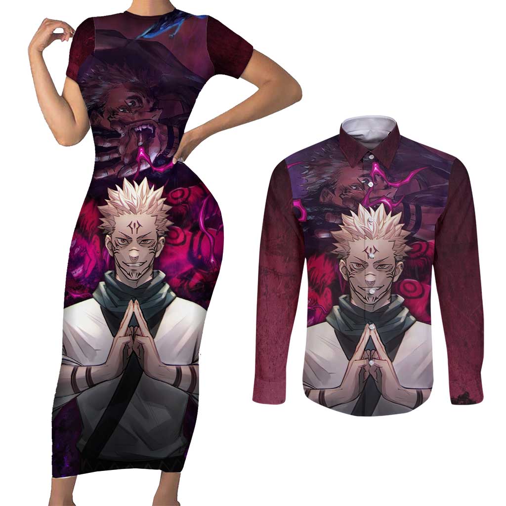 Ryomen Sukuna - Jujutsu Kaisen Couples Matching Short Sleeve Bodycon Dress and Long Sleeve Button Shirt Pattern Anime Mix Manga Style