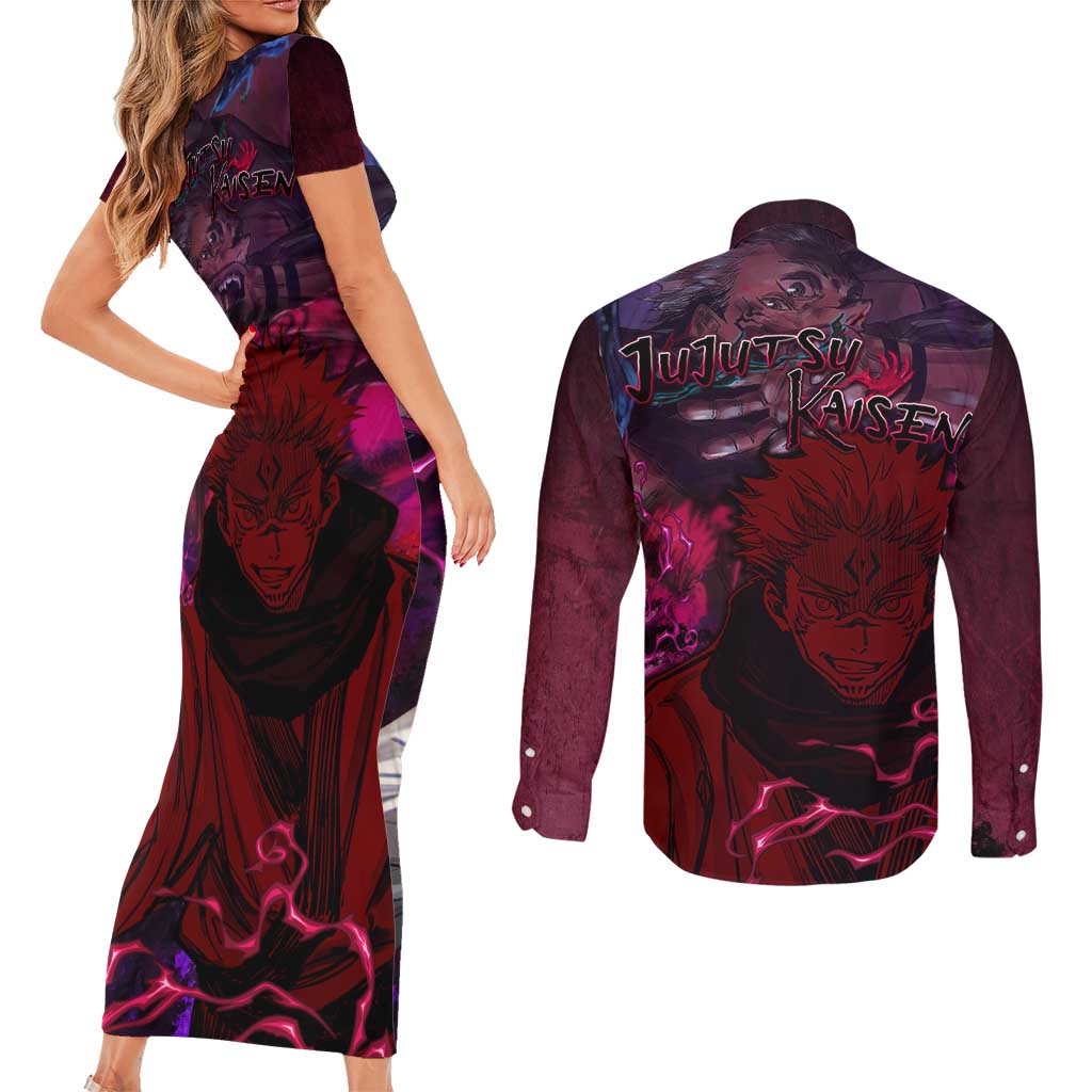 Ryomen Sukuna - Jujutsu Kaisen Couples Matching Short Sleeve Bodycon Dress and Long Sleeve Button Shirt Pattern Anime Mix Manga Style