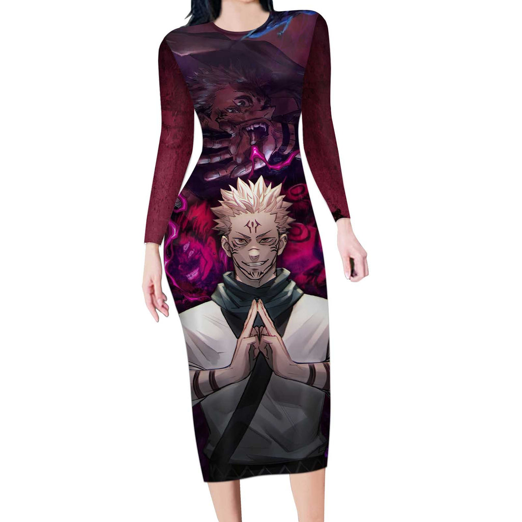 Ryomen Sukuna - Jujutsu Kaisen Long Sleeve Bodycon Dress Pattern Anime Mix Manga Style