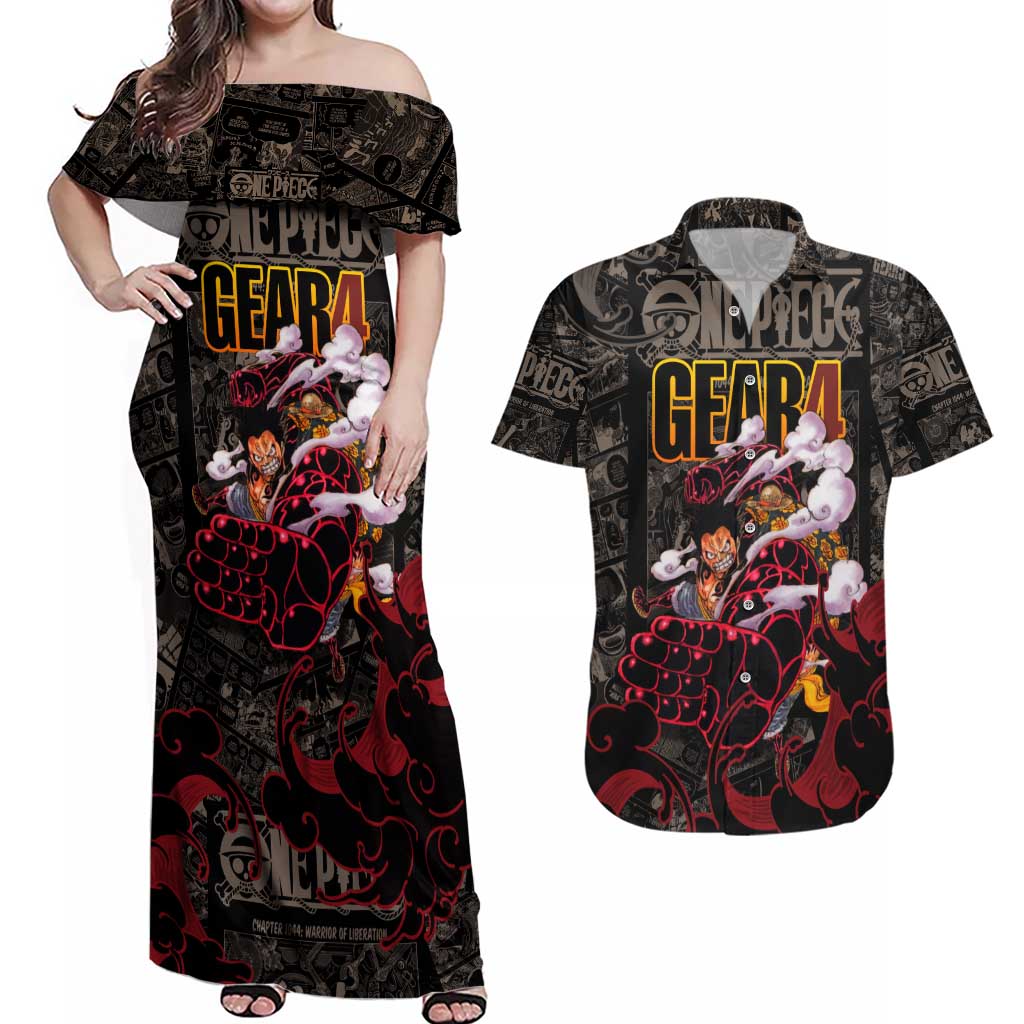 Luffy Gear 4- One Piece Couples Matching Off Shoulder Maxi Dress and Hawaiian Shirt Pattern Manga Mix Anime Style