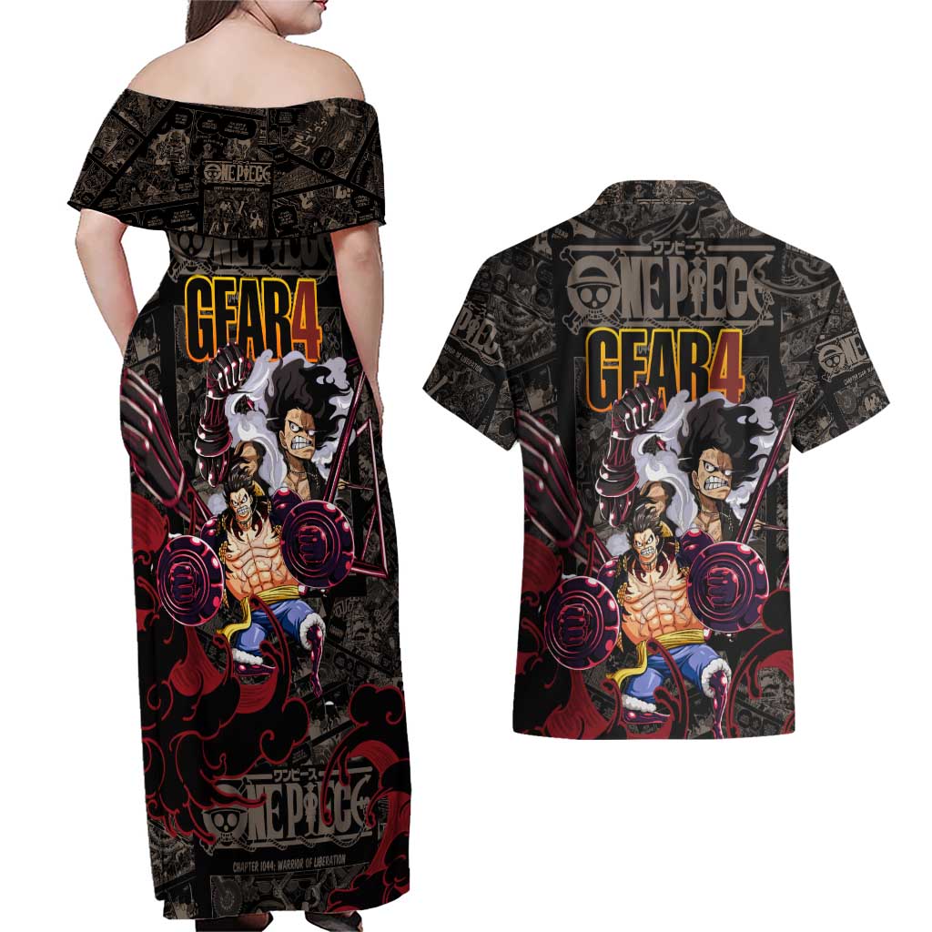 Luffy Gear 4- One Piece Couples Matching Off Shoulder Maxi Dress and Hawaiian Shirt Pattern Manga Mix Anime Style