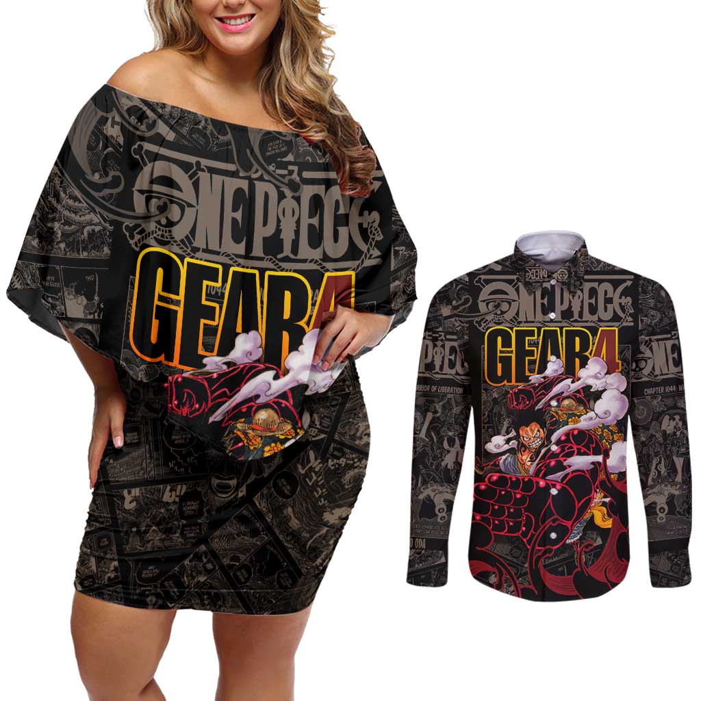 Luffy Gear 4- One Piece Couples Matching Off Shoulder Short Dress and Long Sleeve Button Shirt Pattern Manga Mix Anime Style