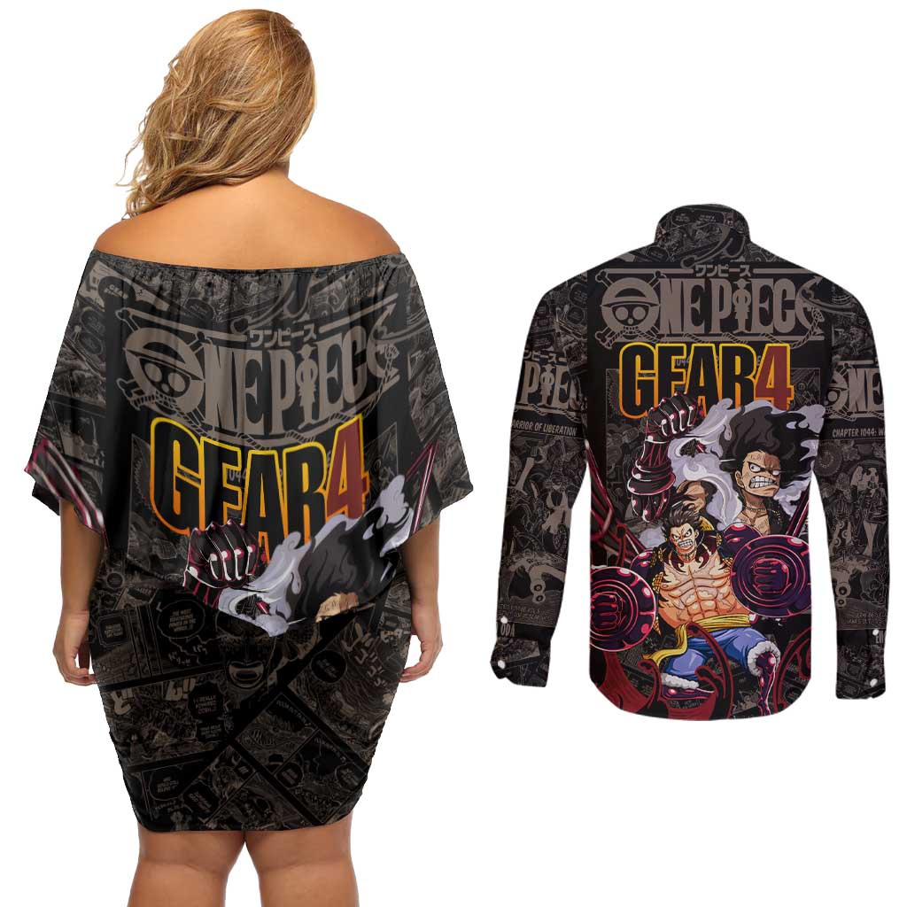 Luffy Gear 4- One Piece Couples Matching Off Shoulder Short Dress and Long Sleeve Button Shirt Pattern Manga Mix Anime Style