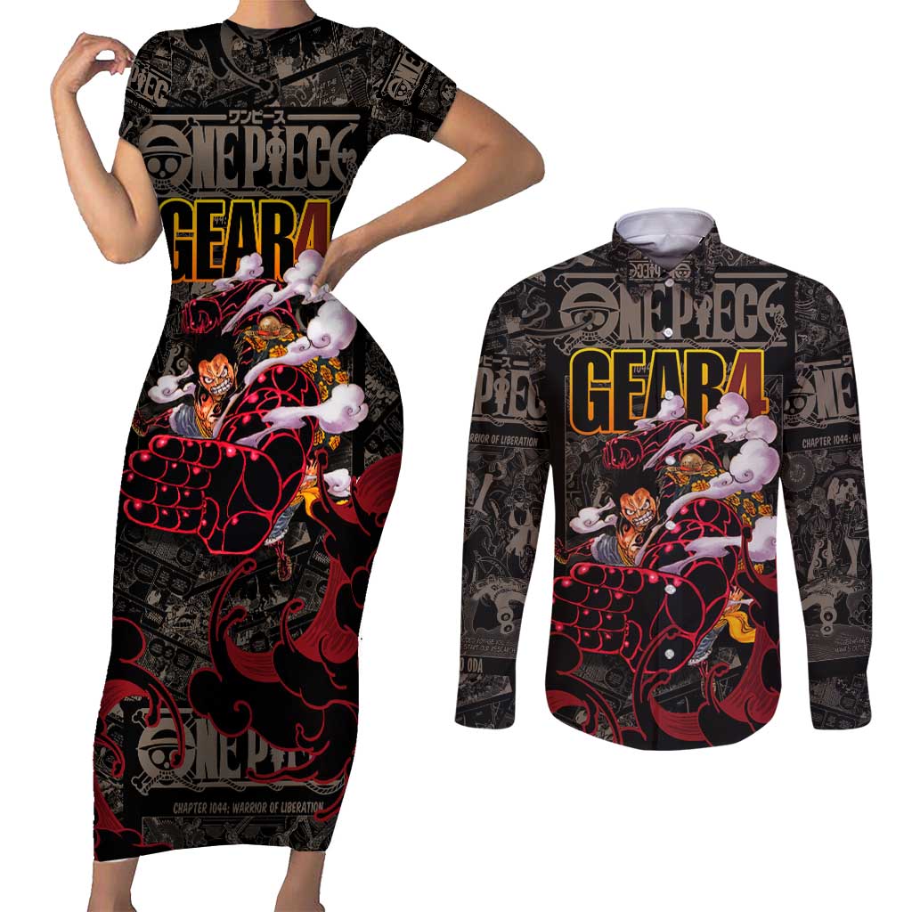 Luffy Gear 4- One Piece Couples Matching Short Sleeve Bodycon Dress and Long Sleeve Button Shirt Pattern Manga Mix Anime Style