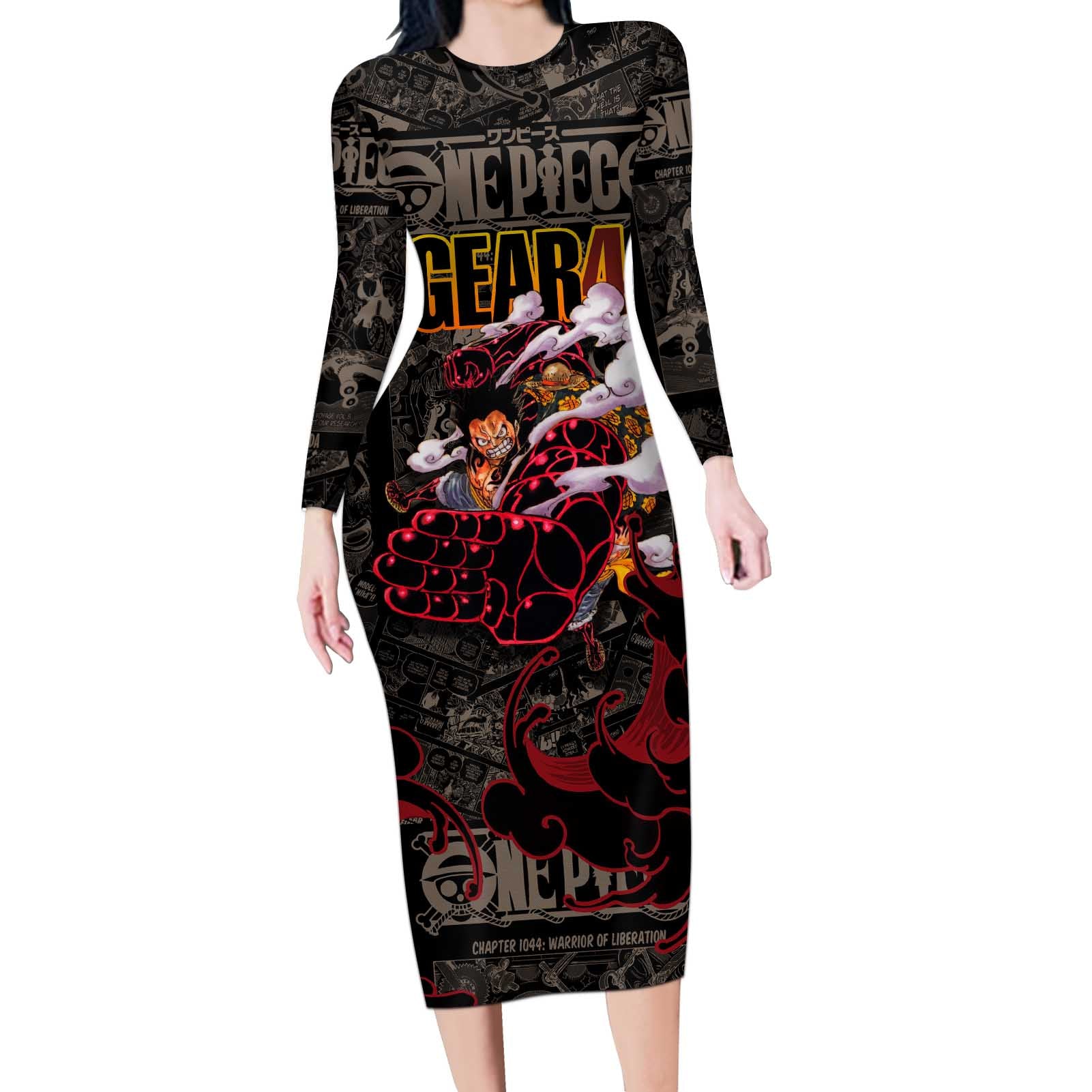 Luffy Gear 4- One Piece Long Sleeve Bodycon Dress Pattern Manga Mix Anime Style