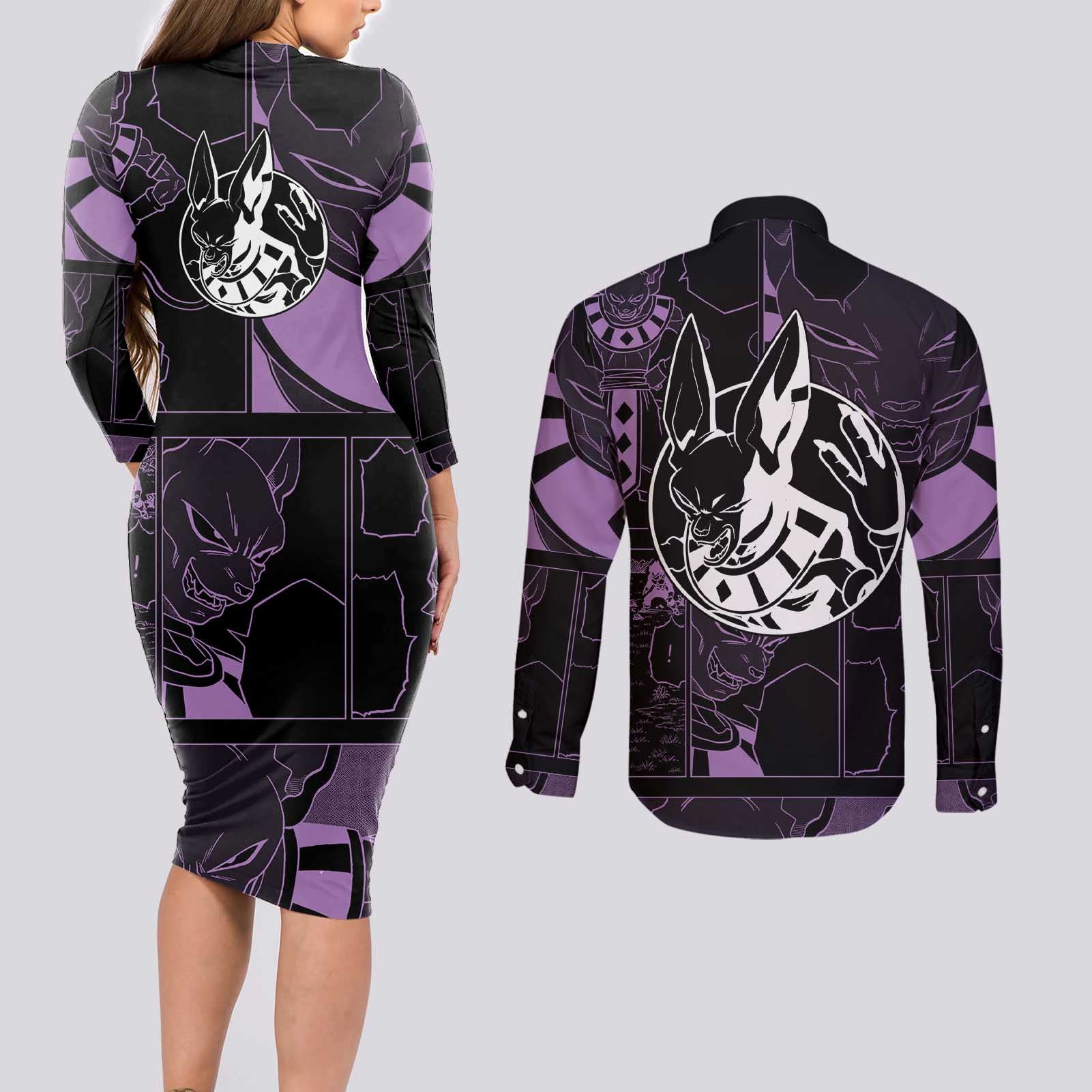 Beerus - Dragon Ball Couples Matching Long Sleeve Bodycon Dress and Long Sleeve Button Shirt Pattern Anime Mix Manga Style
