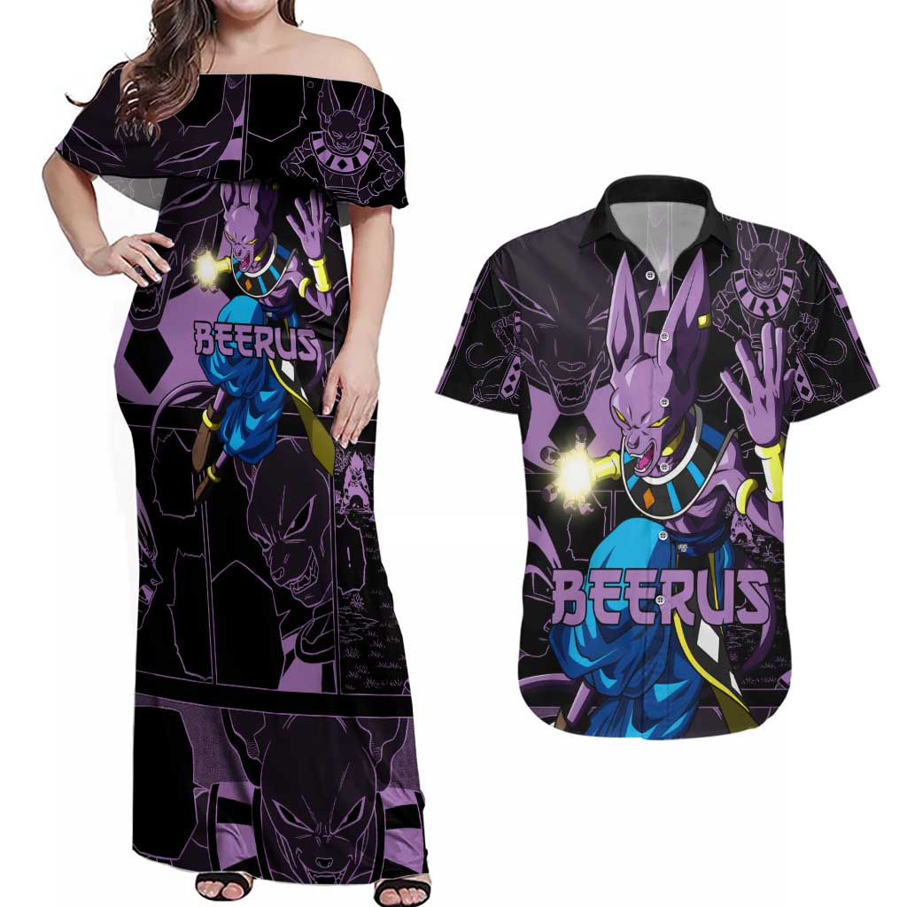 Beerus - Dragon Ball Couples Matching Off Shoulder Maxi Dress and Hawaiian Shirt Pattern Anime Mix Manga Style