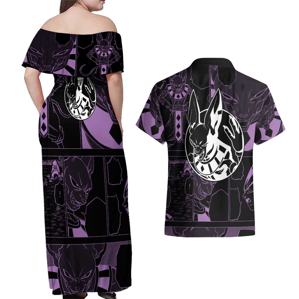 Beerus - Dragon Ball Couples Matching Off Shoulder Maxi Dress and Hawaiian Shirt Pattern Anime Mix Manga Style