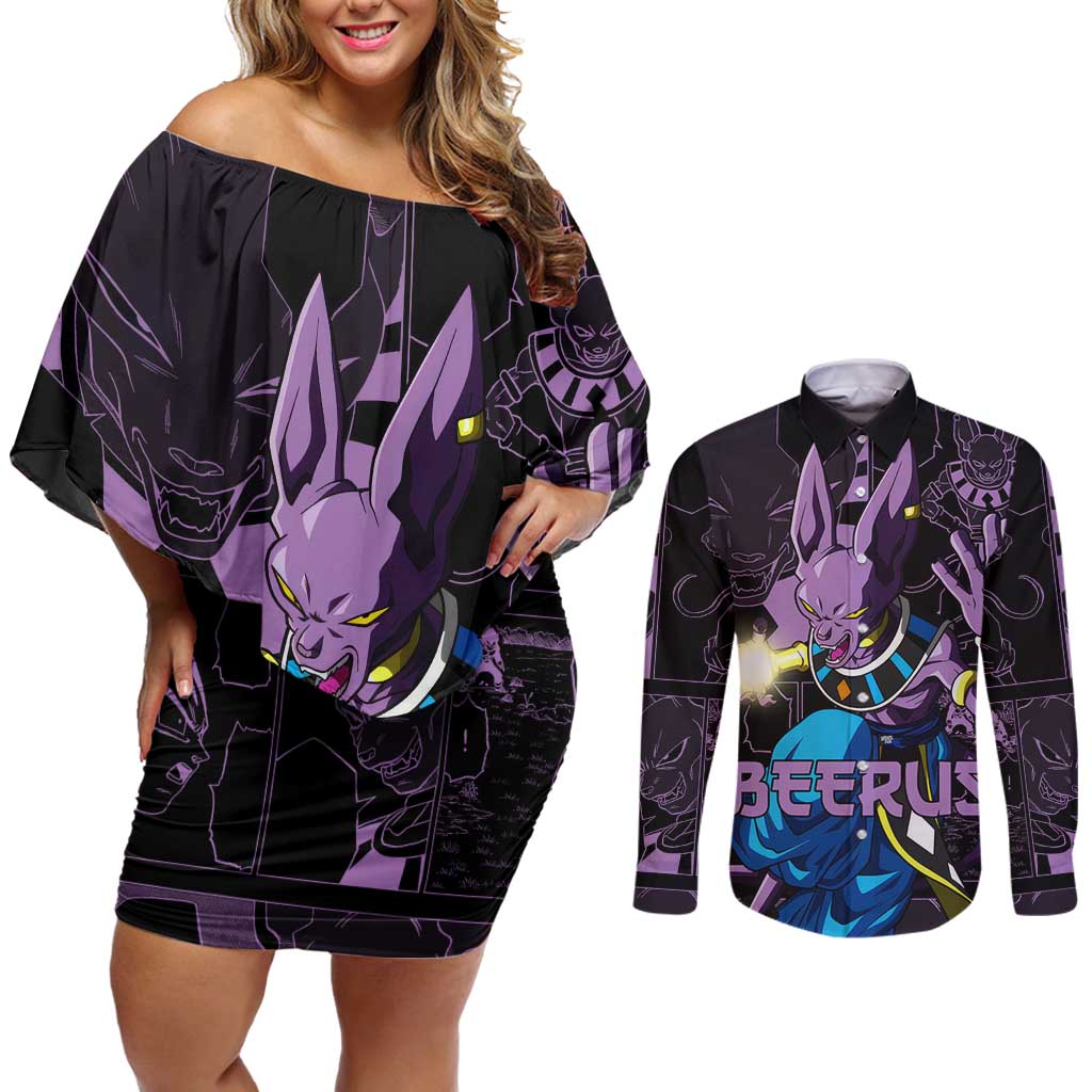 Beerus - Dragon Ball Couples Matching Off Shoulder Short Dress and Long Sleeve Button Shirt Pattern Anime Mix Manga Style