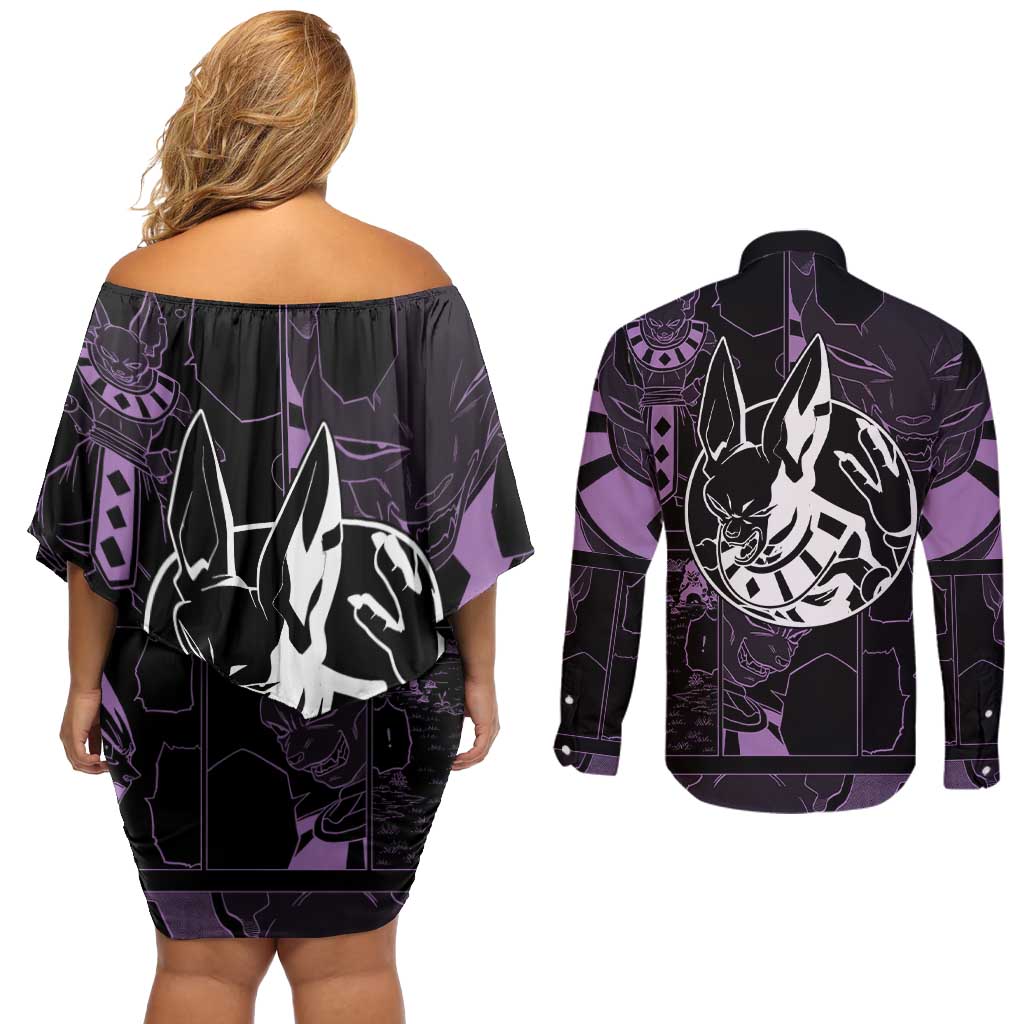 Beerus - Dragon Ball Couples Matching Off Shoulder Short Dress and Long Sleeve Button Shirt Pattern Anime Mix Manga Style