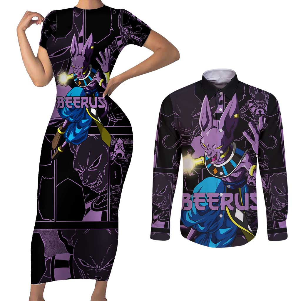 Beerus - Dragon Ball Couples Matching Short Sleeve Bodycon Dress and Long Sleeve Button Shirt Pattern Anime Mix Manga Style