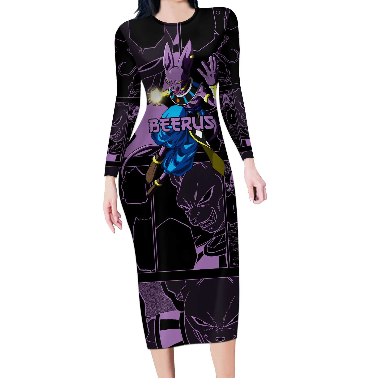 Beerus - Dragon Ball Long Sleeve Bodycon Dress Pattern Anime Mix Manga Style