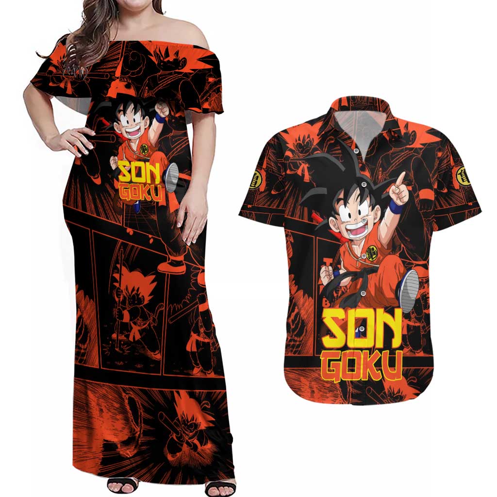 Son Goku - Dragon Ball Couples Matching Off Shoulder Maxi Dress and Hawaiian Shirt Pattern Anime Mix Manga Style