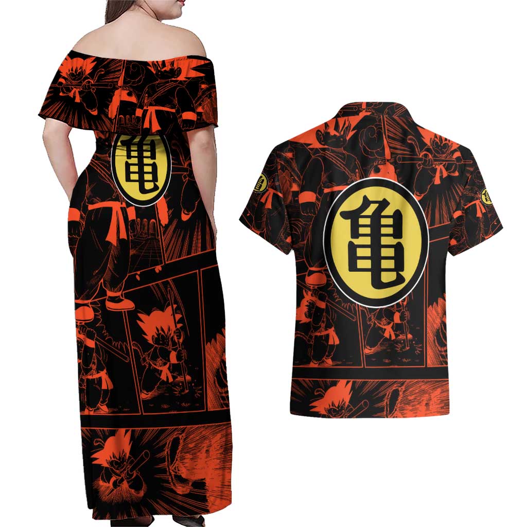 Son Goku - Dragon Ball Couples Matching Off Shoulder Maxi Dress and Hawaiian Shirt Pattern Anime Mix Manga Style