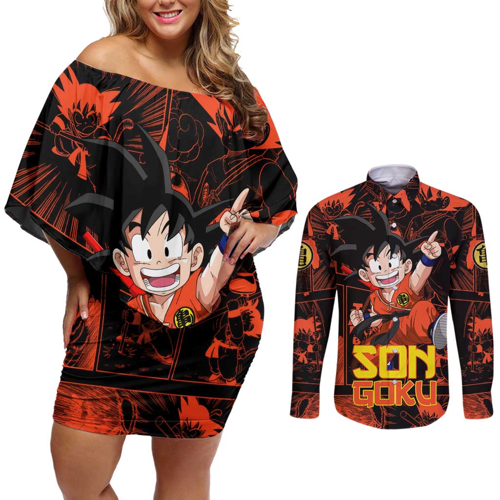 Son Goku - Dragon Ball Couples Matching Off Shoulder Short Dress and Long Sleeve Button Shirt Pattern Anime Mix Manga Style