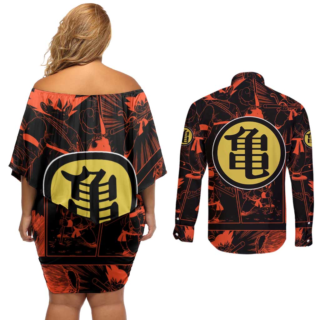 Son Goku - Dragon Ball Couples Matching Off Shoulder Short Dress and Long Sleeve Button Shirt Pattern Anime Mix Manga Style