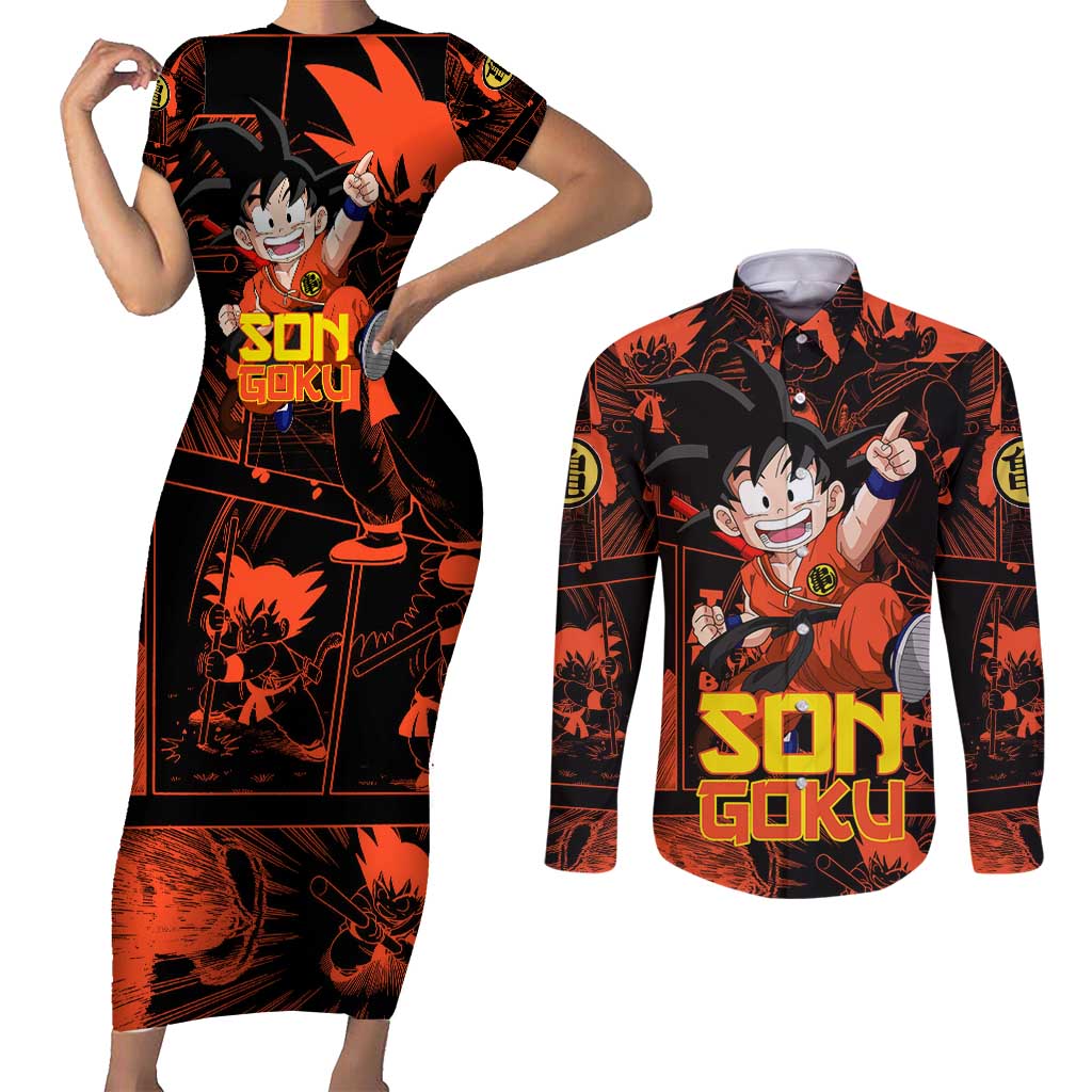 Son Goku - Dragon Ball Couples Matching Short Sleeve Bodycon Dress and Long Sleeve Button Shirt Pattern Anime Mix Manga Style