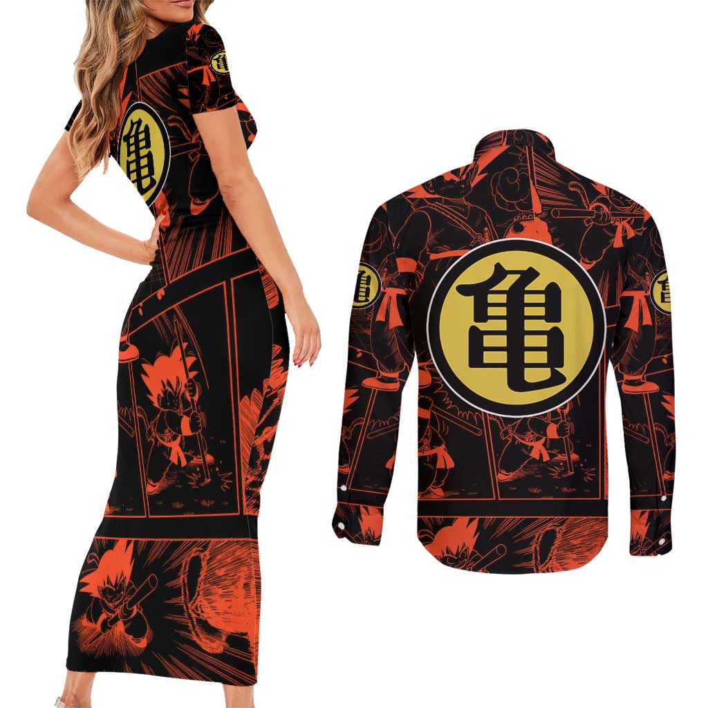 Son Goku - Dragon Ball Couples Matching Short Sleeve Bodycon Dress and Long Sleeve Button Shirt Pattern Anime Mix Manga Style