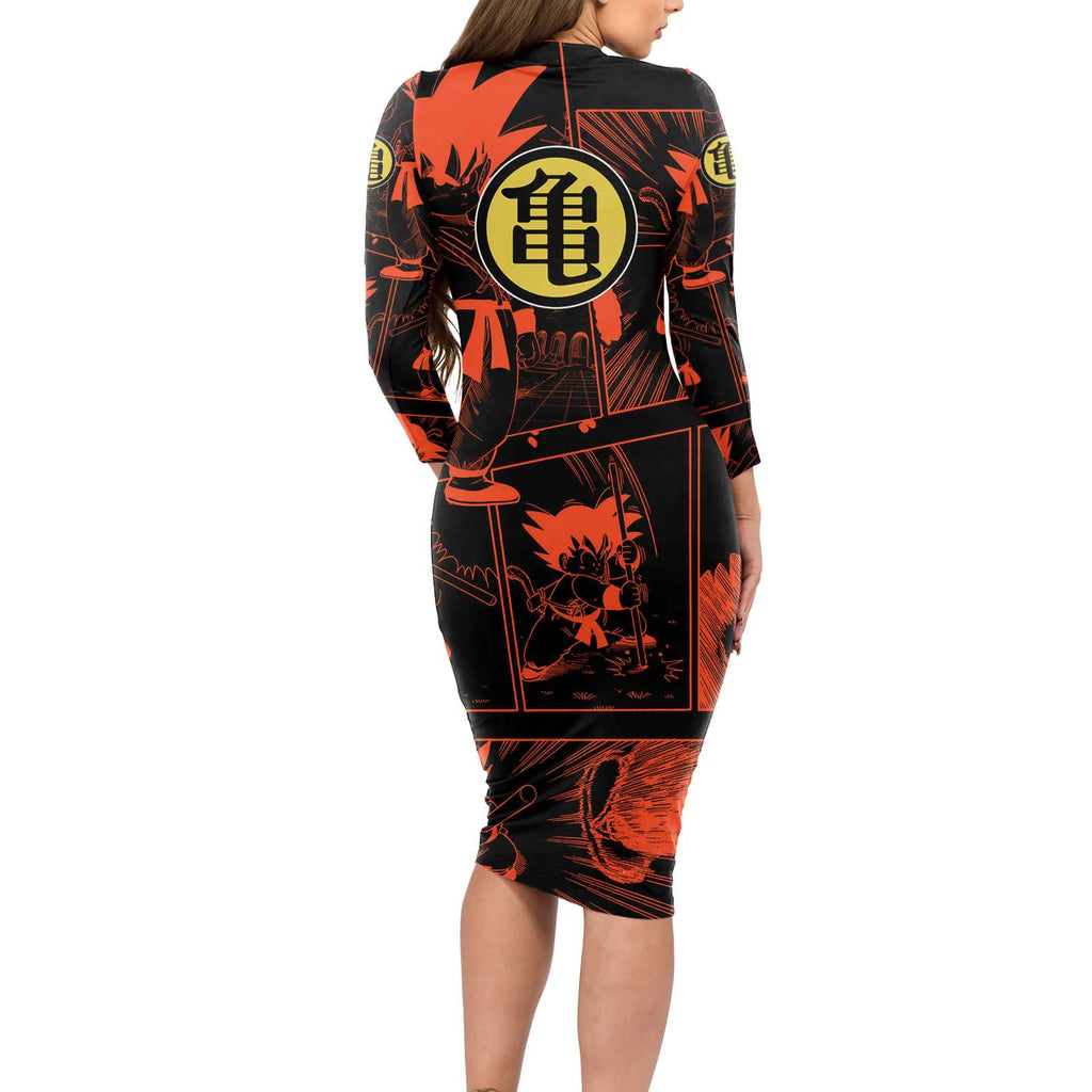 Son Goku - Dragon Ball Long Sleeve Bodycon Dress Pattern Anime Mix Manga Style