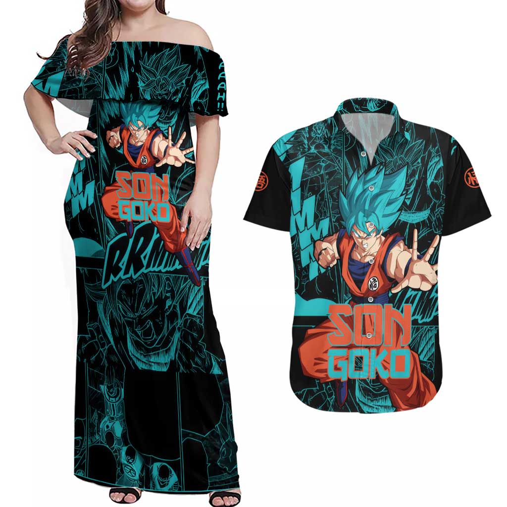 Son Goku - Dragon Ball Couples Matching Off Shoulder Maxi Dress and Hawaiian Shirt Anime Mix Manga Style