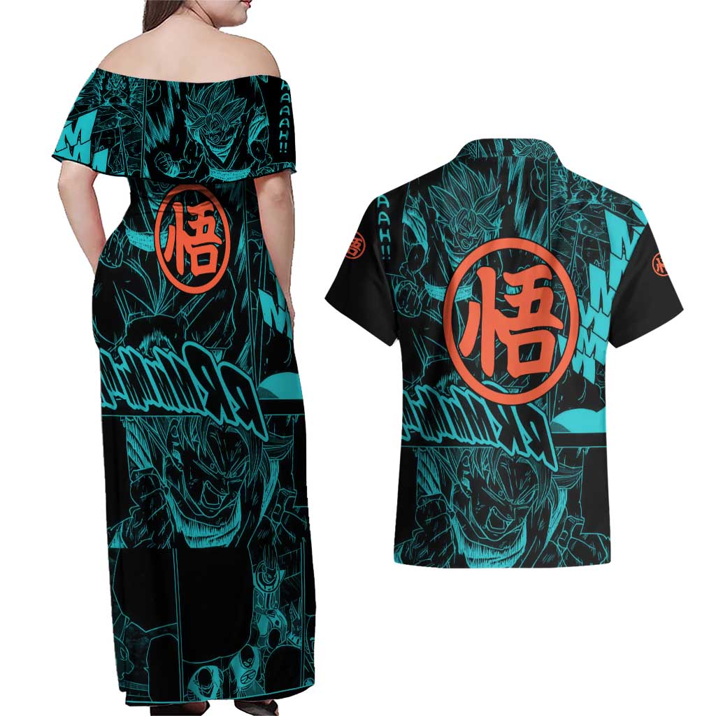 Son Goku - Dragon Ball Couples Matching Off Shoulder Maxi Dress and Hawaiian Shirt Anime Mix Manga Style