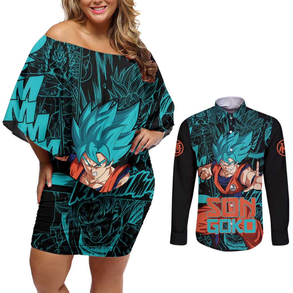Son Goku - Dragon Ball Couples Matching Off Shoulder Short Dress and Long Sleeve Button Shirt Anime Mix Manga Style