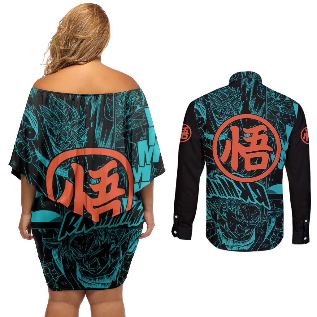 Son Goku - Dragon Ball Couples Matching Off Shoulder Short Dress and Long Sleeve Button Shirt Anime Mix Manga Style
