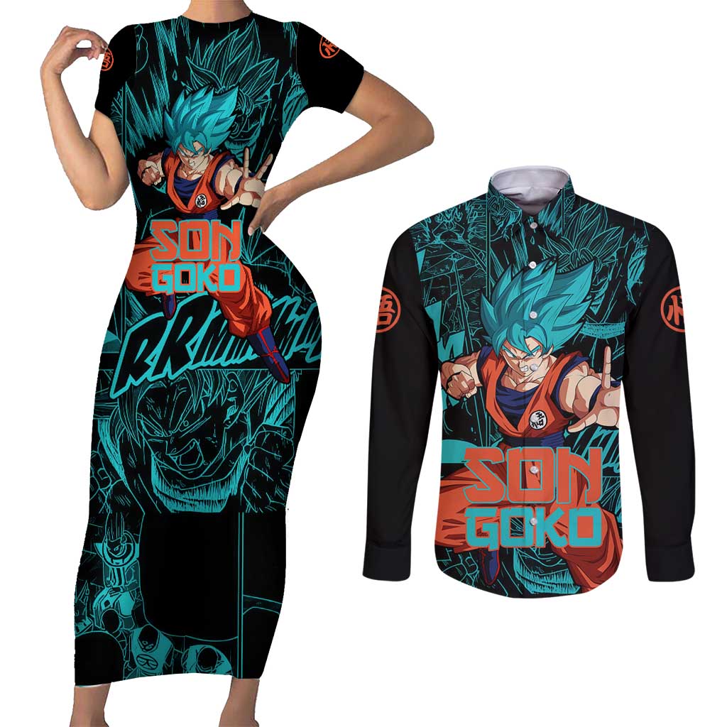 Son Goku - Dragon Ball Couples Matching Short Sleeve Bodycon Dress and Long Sleeve Button Shirt Anime Mix Manga Style