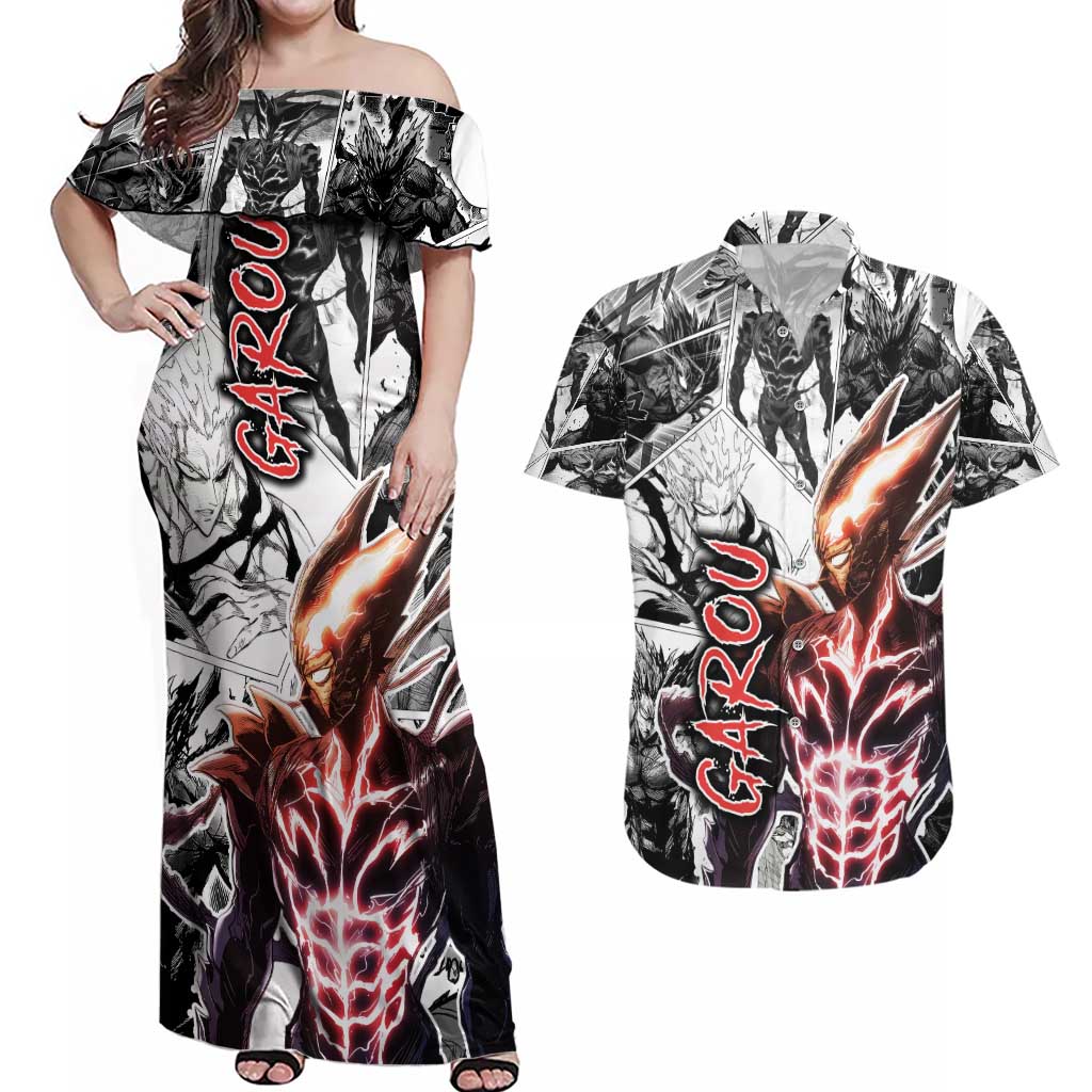 Garou - One Punch Man Couples Matching Off Shoulder Maxi Dress and Hawaiian Shirt Anime Mix Manga Style