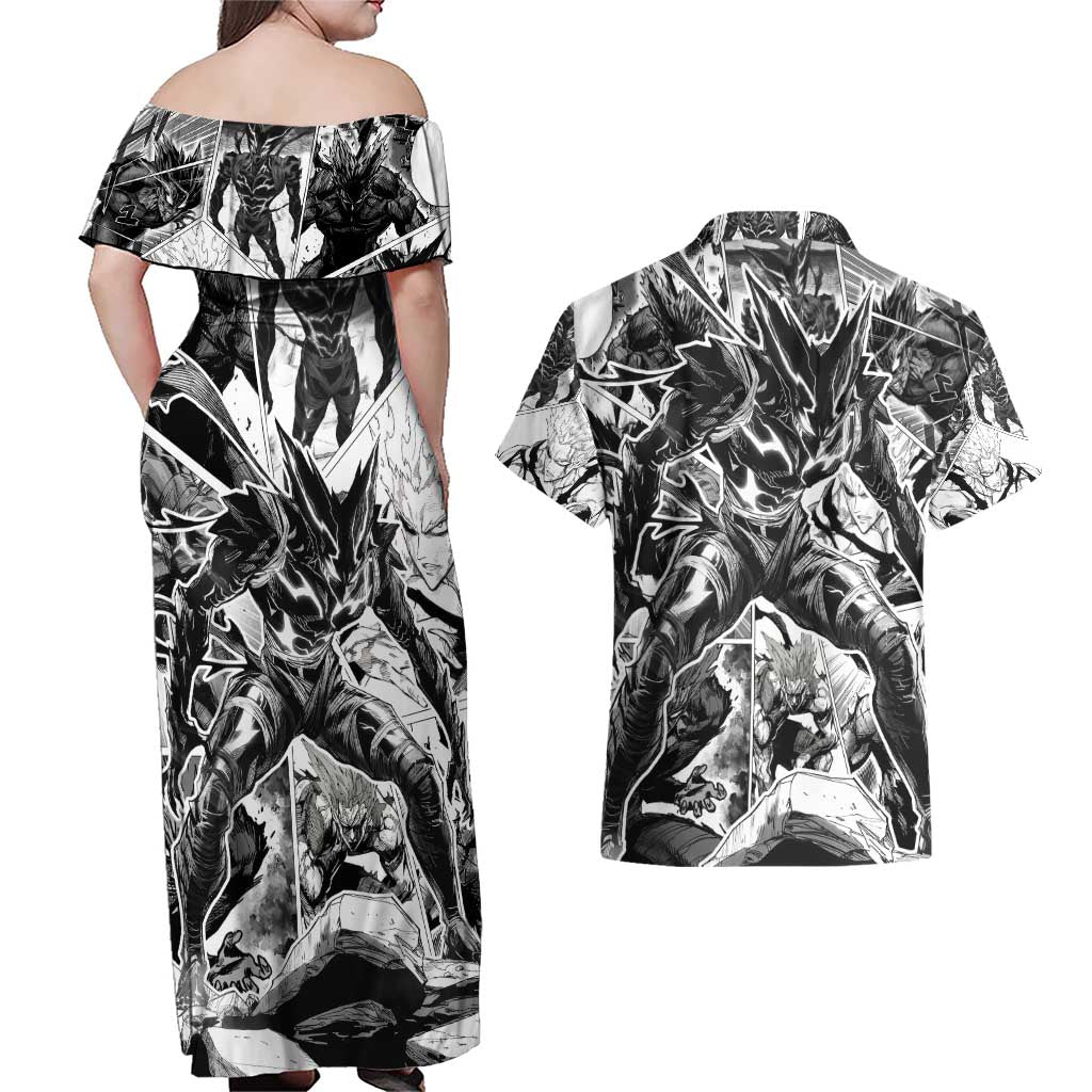 Garou - One Punch Man Couples Matching Off Shoulder Maxi Dress and Hawaiian Shirt Anime Mix Manga Style