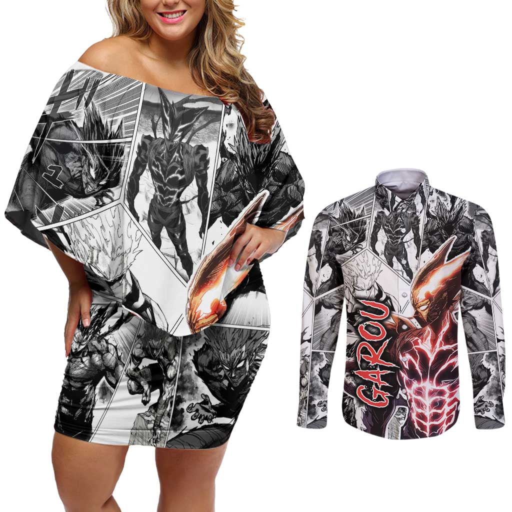 Garou - One Punch Man Couples Matching Off Shoulder Short Dress and Long Sleeve Button Shirt Anime Mix Manga Style