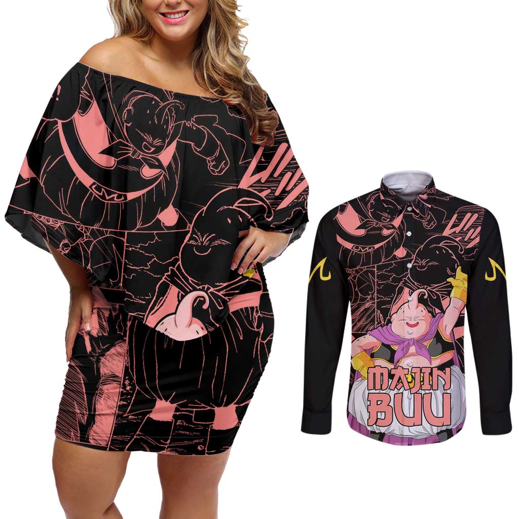 Majin Buu - Dragon Ball Couples Matching Off Shoulder Short Dress and Long Sleeve Button Shirt Anime Mix Manga Style
