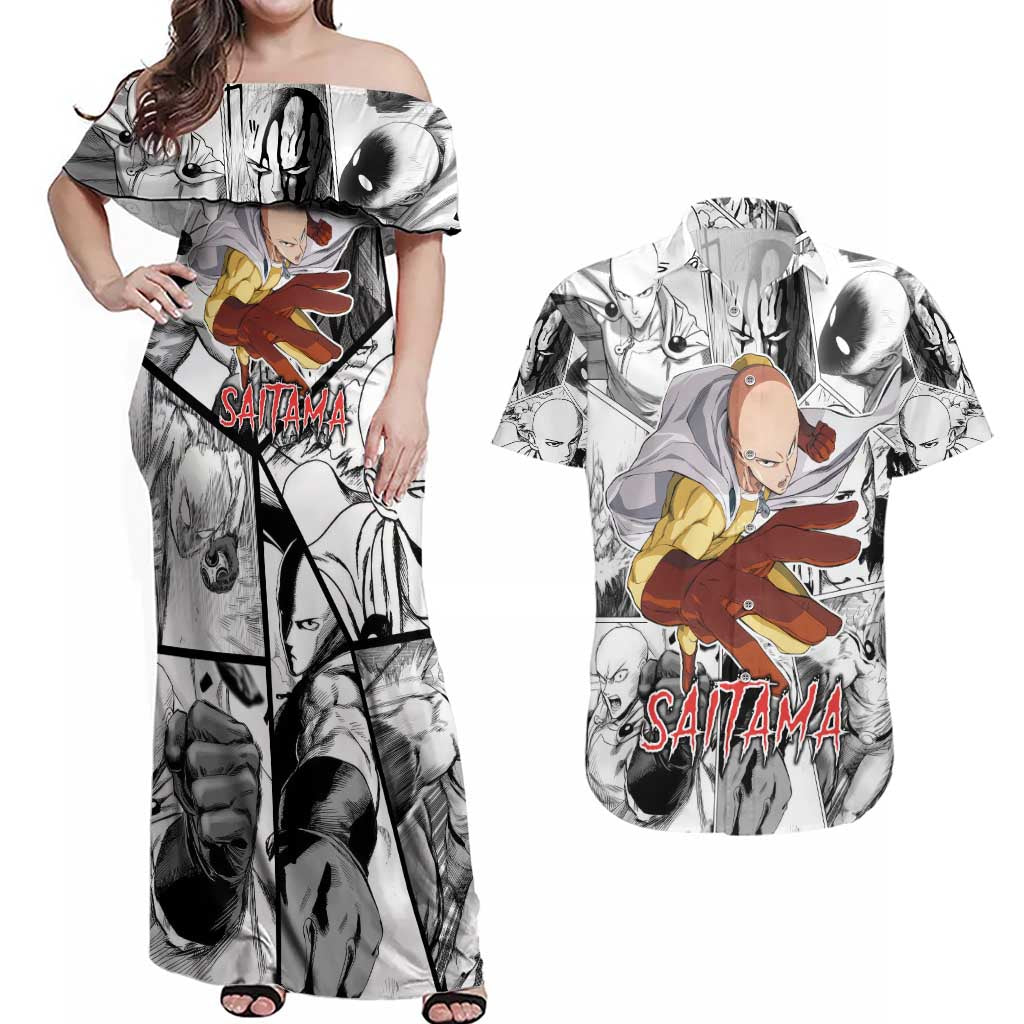 Saitama - One Punch Man Couples Matching Off Shoulder Maxi Dress and Hawaiian Shirt Anime Mix Manga Style