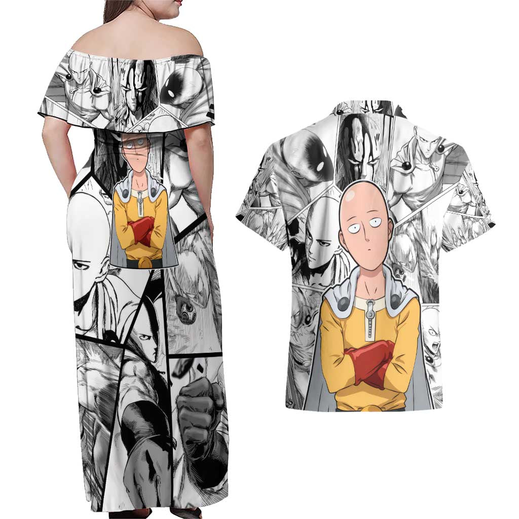 Saitama - One Punch Man Couples Matching Off Shoulder Maxi Dress and Hawaiian Shirt Anime Mix Manga Style