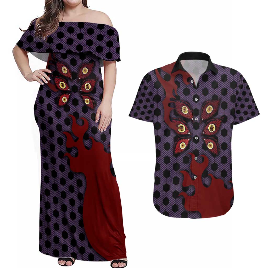 Kokushibou - Demon Slayer Couples Matching Off Shoulder Maxi Dress and Hawaiian Shirt Anime Style