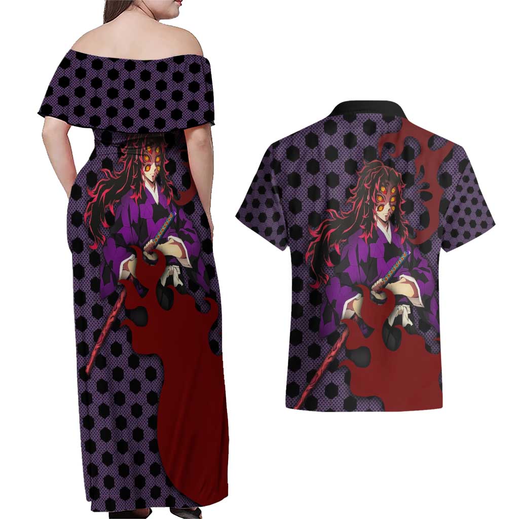 Kokushibou - Demon Slayer Couples Matching Off Shoulder Maxi Dress and Hawaiian Shirt Anime Style